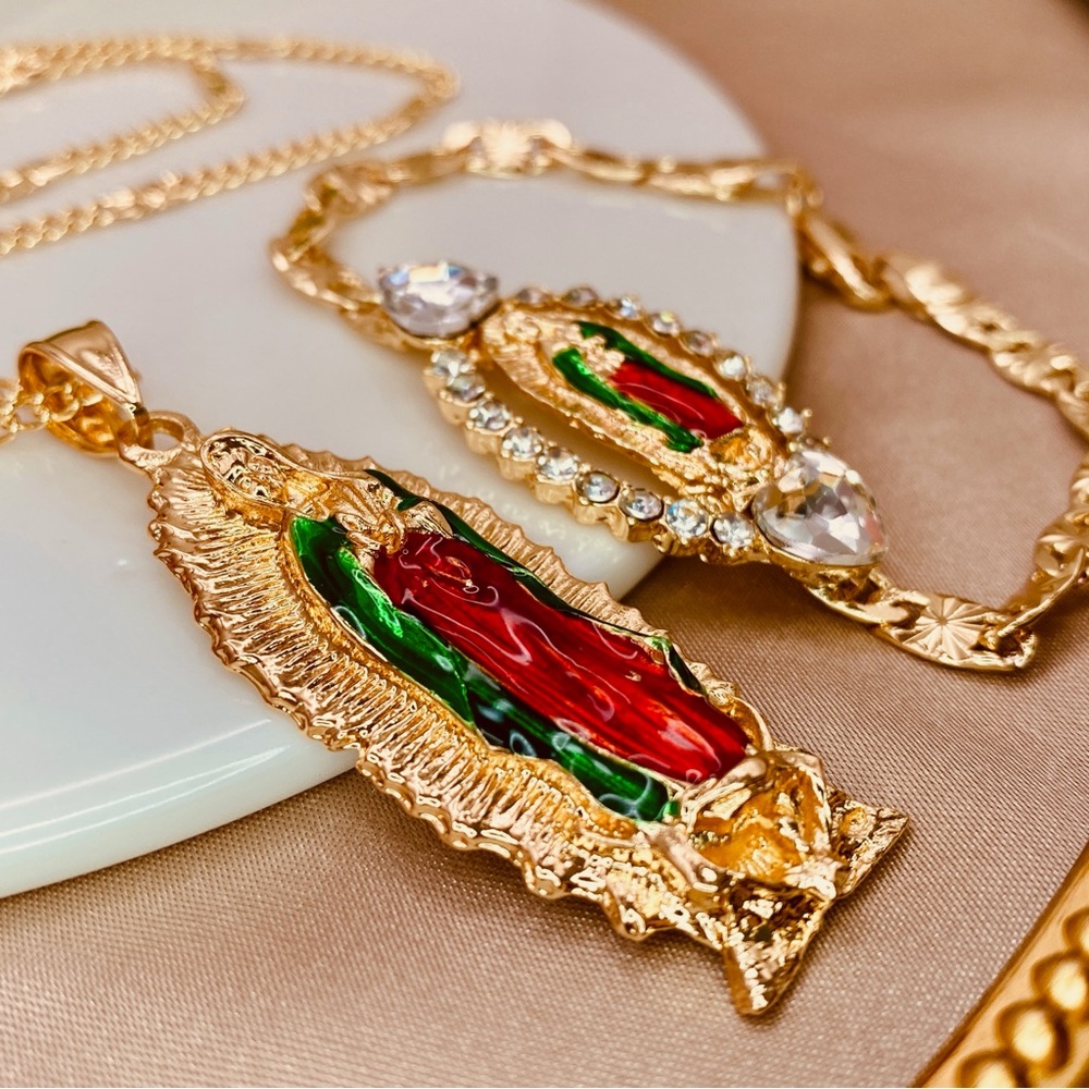 Our Lady Of Guadalupe 3D Enamel Pendant Curb Diamond Cut Design Necklace Gold - Picture 7 of 10